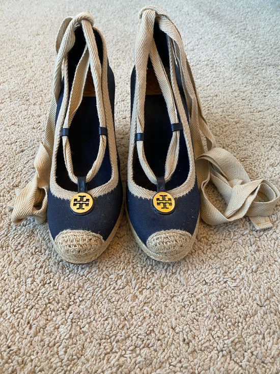 Tory Burch Shoes - Tory Burch Navy Canvas Espadrille Wedges with Beige Rope Trim.  Tie up leg strap
